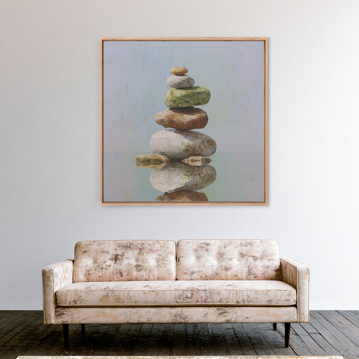 Floating Stones Balanced Above Calm Water Framed Canvas Print, Meditation Art, Digital Print, Living Room Decor, Stillness, MED-1x1-8