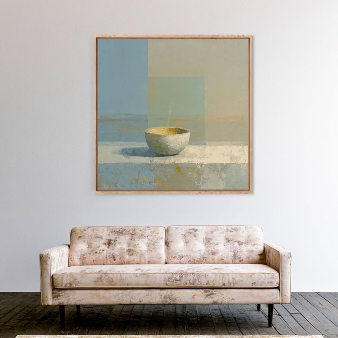 Tea Bowl and Steam Framed Canvas Print, Meditation Art, Wall Art, Living Room Decor, Oil Painting, Stillness, Boho Wall Decor, MED-1x1-93