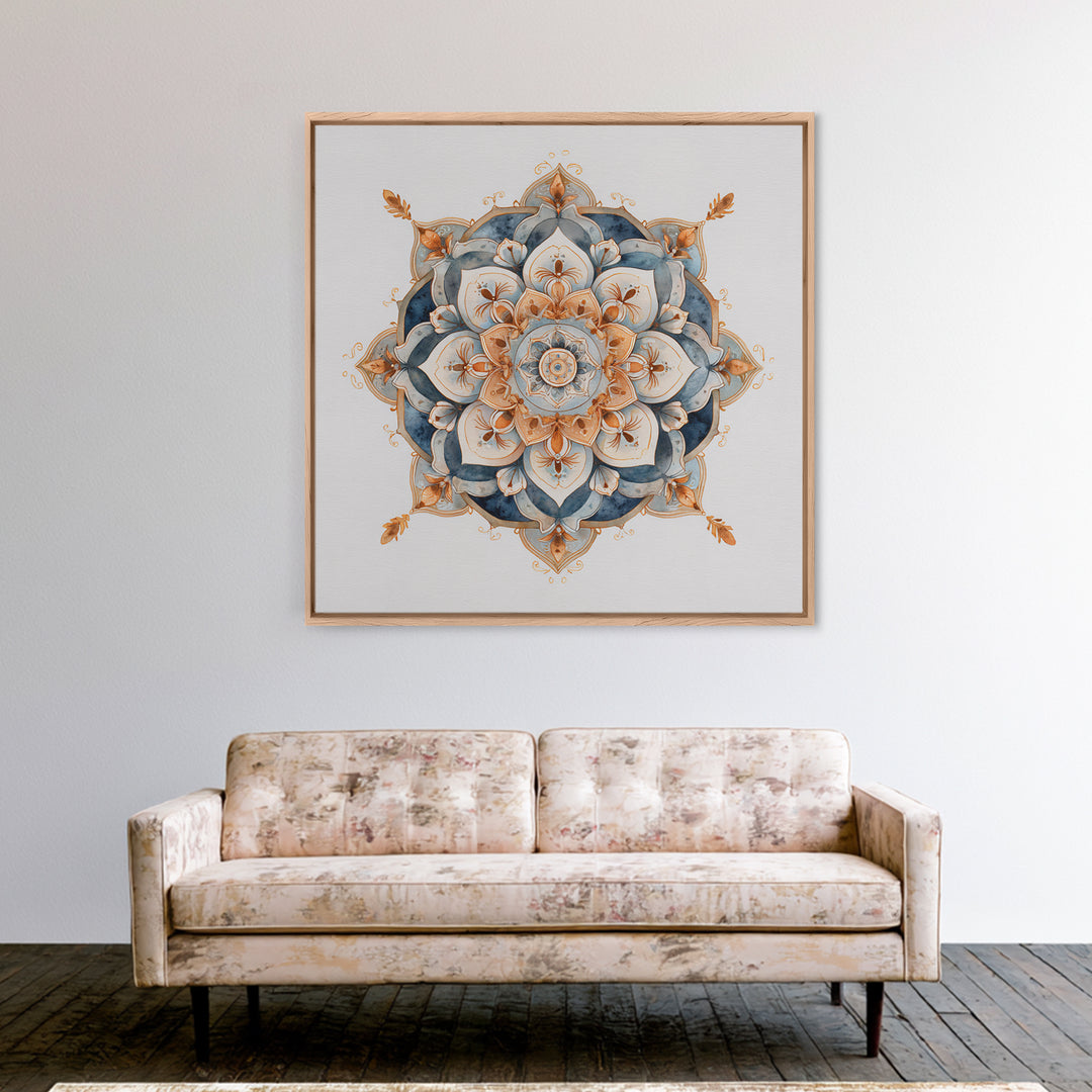 Mandala with Soft Gold and Indigo Symmetry Canvas Print, Meditation Art, Room Decor, Living Room Decor, Fine Art, Stillness, MED-1x1-98