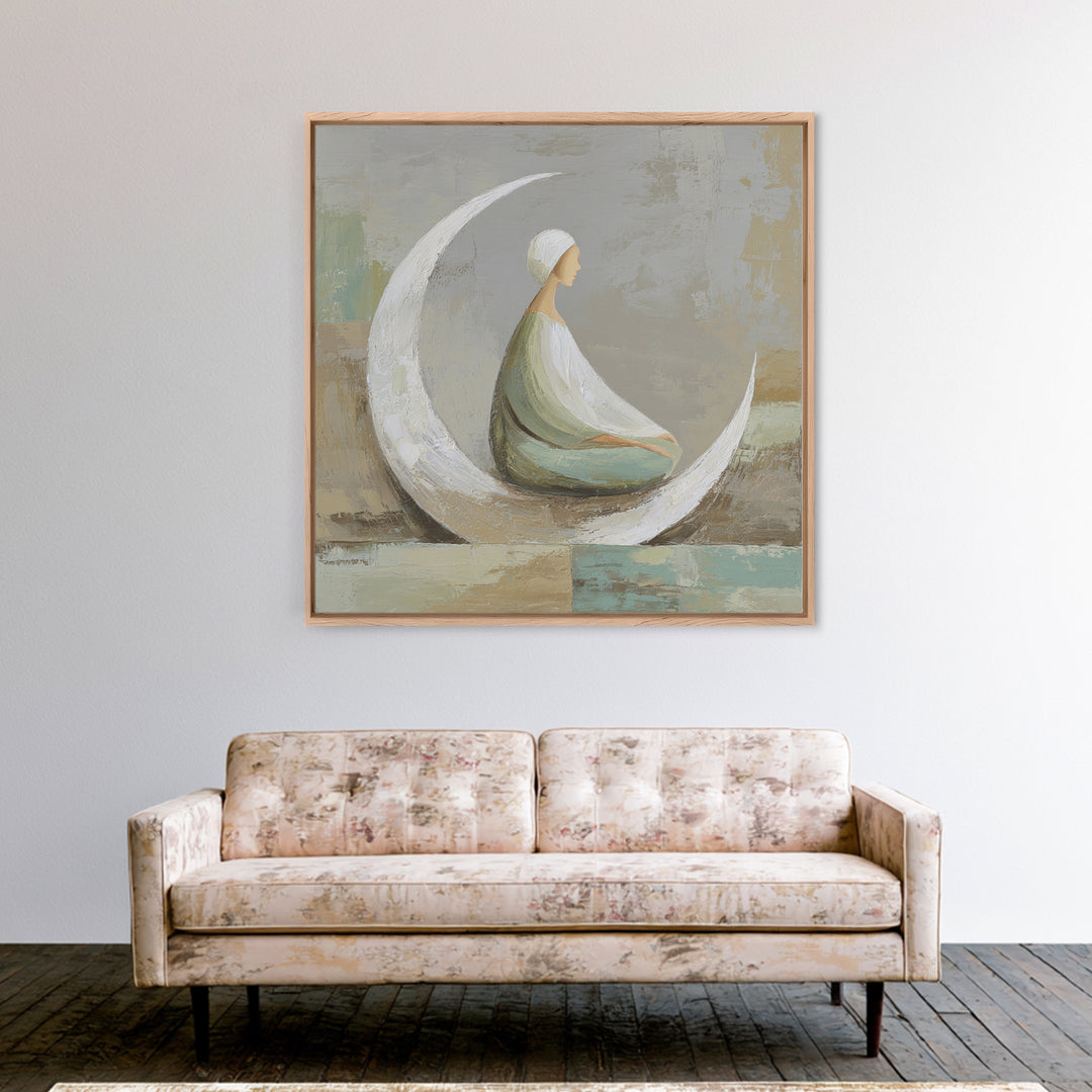 Single Seated Figure Beneath a Crescent Moon Canvas Print, Meditation Art, Digital Wall Art, Living Room Decor, Stillness, MED-1x1-99