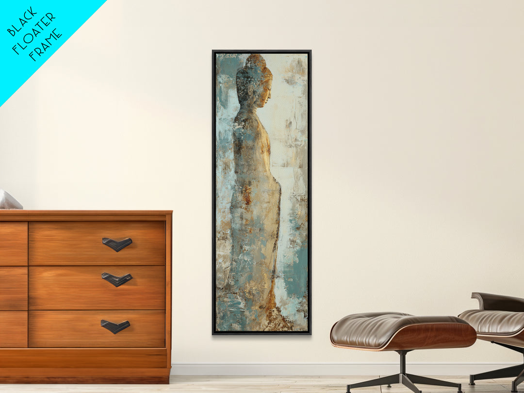 Buddha Silhouette Surrounded by Warm Light Framed Canvas Print, Meditation Art, Boho Wall Decor, Living Room Decor, Stillness, MED-1x3-19