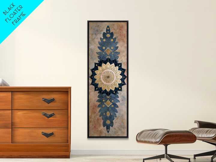 Mandala with Soft Gold and Indigo Symmetry Canvas Print, Meditation Art, Minimalist Decor, Living Room Decor, Stillness, MED-1x3-86