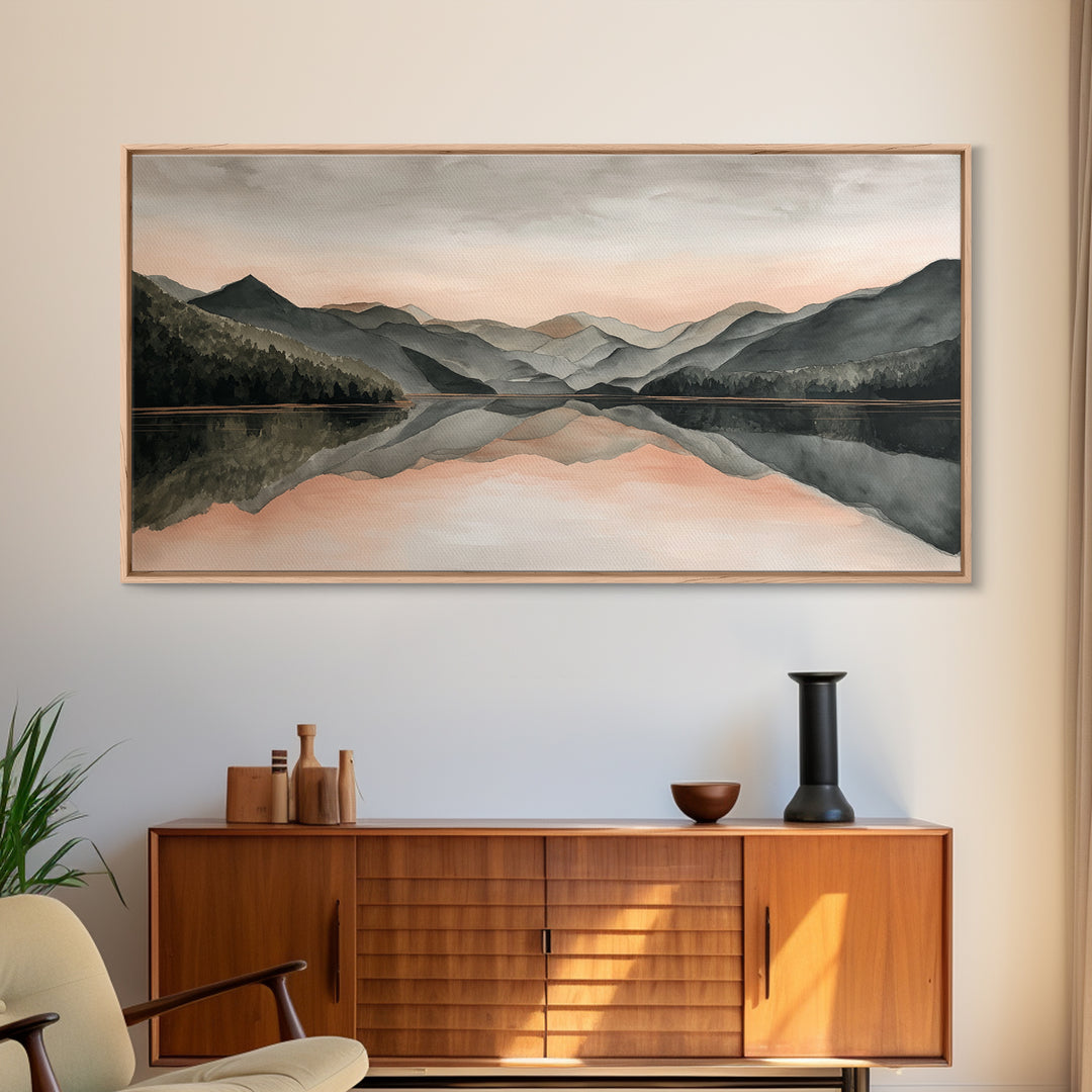 Mountain Lake at Sunrise Framed Canvas Print, Meditation Art, Digital Print, Living Room Decor, Oil Painting, Stillness, MED-2x1-1