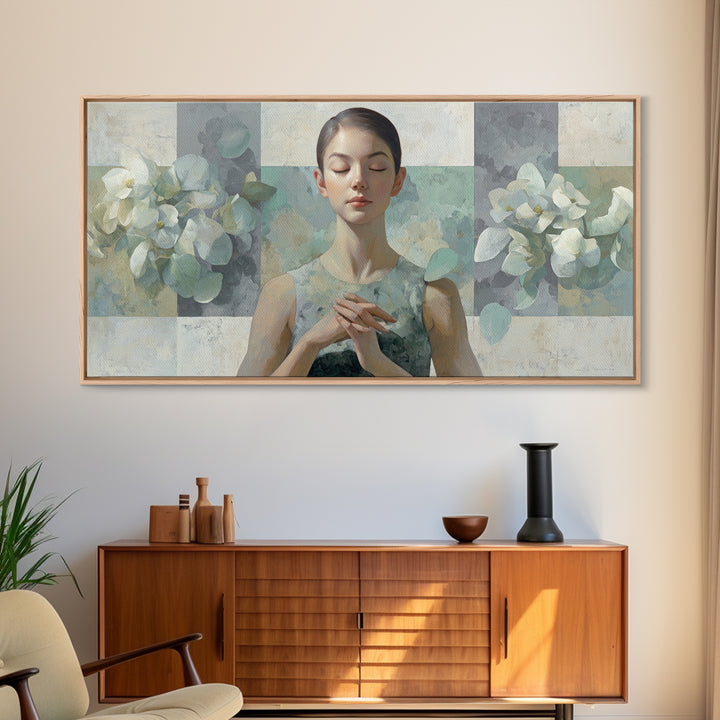 Calm Face Portrait Framed Canvas Print, Meditation Art, Statement Artwork, Living Room Decor, Fine Art, Stillness, Art Deco, MED-2x1-20
