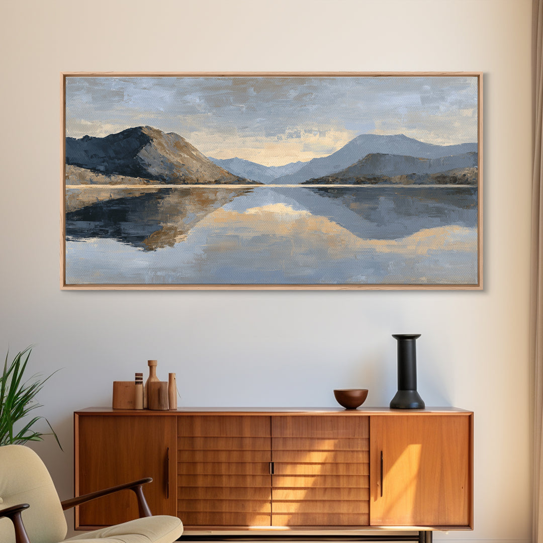 Mountain Lake at Sunrise Framed Canvas Print, Meditation Art, Digital Print, Living Room Decor, Oil Painting, Stillness, MED-2x1-25