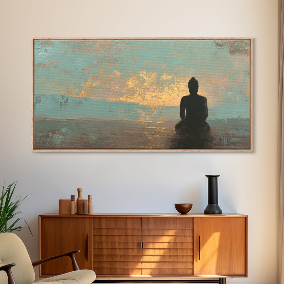 Buddha Silhouette Surrounded by Warm Light Framed Canvas Print, Meditation Art, Boho Wall Decor, Living Room Decor, Stillness, MED-2x1-3