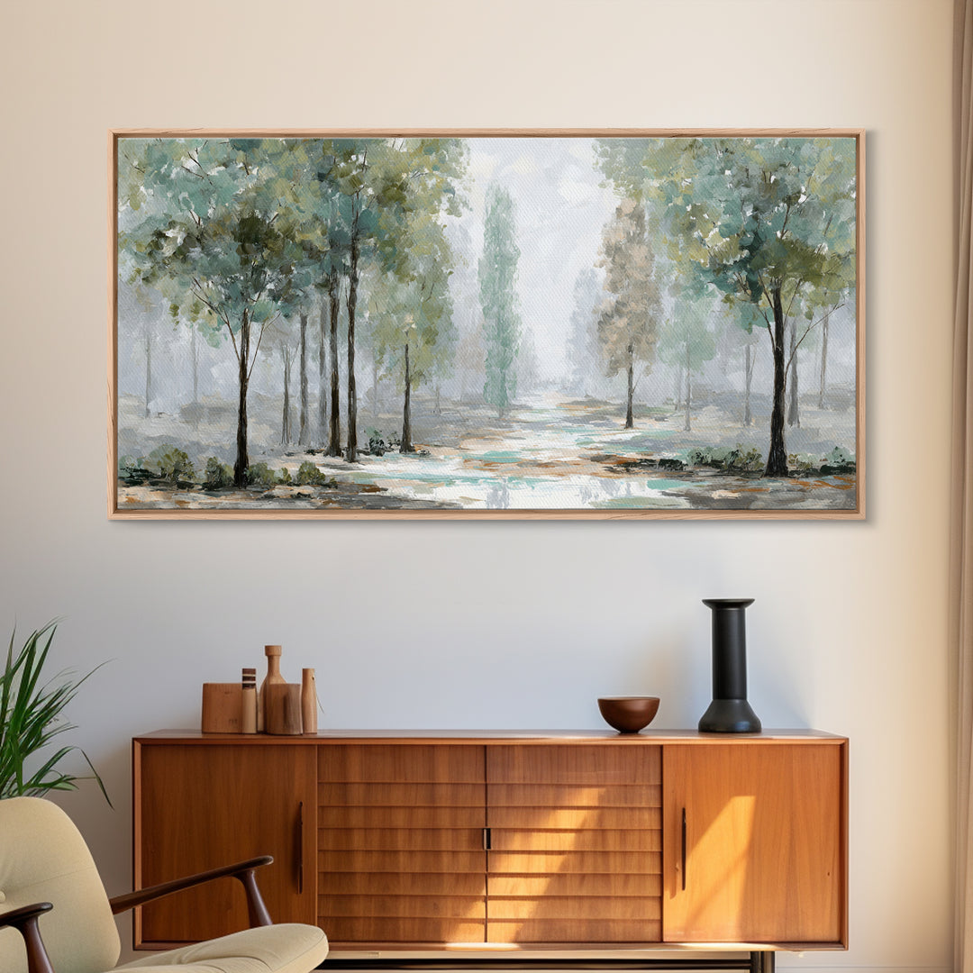 Misty Forest Path Framed Canvas Print, Meditation Art, Art Deco, Living Room Decor, Fine Art, Stillness, Digital Download Art, MED-2x1-33