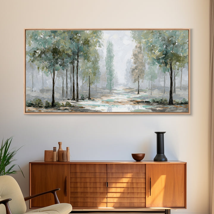 Misty Forest Path Framed Canvas Print, Meditation Art, Art Deco, Living Room Decor, Fine Art, Stillness, Digital Download Art, MED-2x1-33
