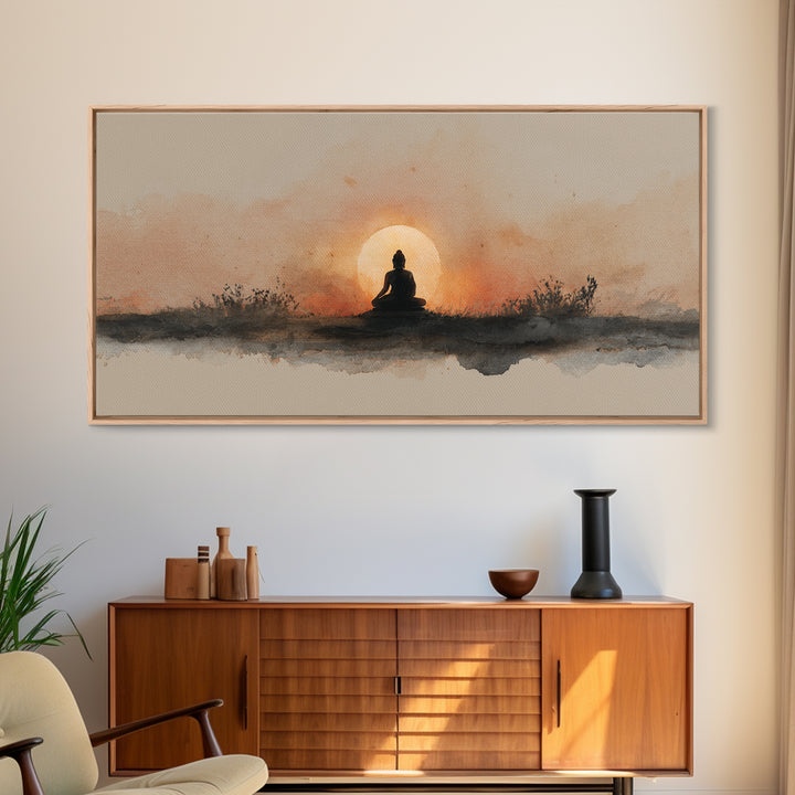Buddha Silhouette Surrounded by Warm Light Canvas Print, Meditation Art, Gallery Wall Art, Living Room Decor, Stillness, MED-2x1-51