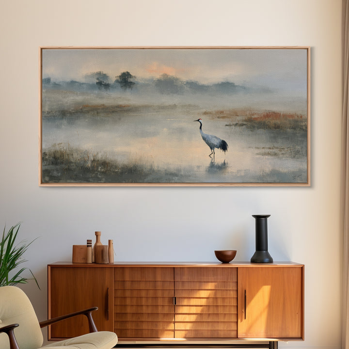 White Crane in Quiet Morning Mist Framed Canvas Print, Meditation Art, Canvas Art, Living Room Decor, Oil Painting, Stillness, MED-2x1-60