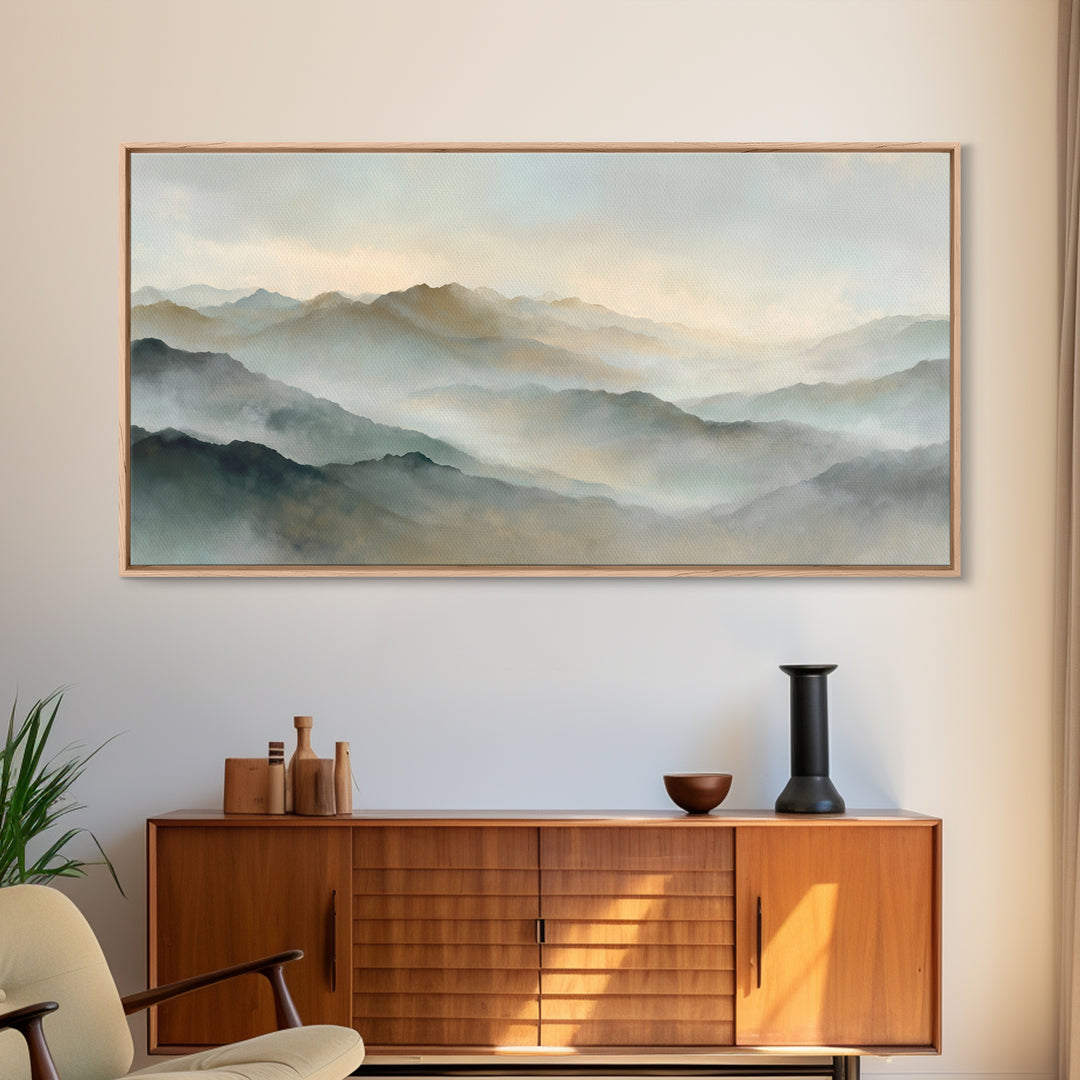 Sunrise over Himalayan Style Mountains Canvas Print, Meditation Art, Boho Wall Art, Living Room Decor, Watercolor Art, MED-2x1-61