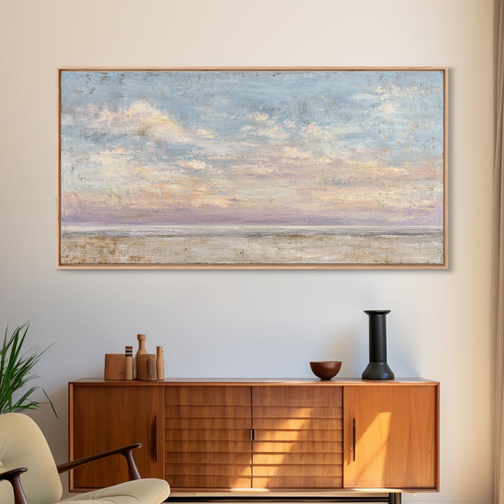 Gentle Cloudscape in Lavender and Cream Framed Canvas Print, Meditation Art, Buddha Wall Art, Living Room Decor, Stillness, MED-2x1-87