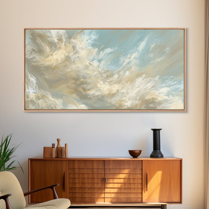 Angelic Light Rays Through Abstract Clouds Framed Canvas Print, Meditation Art, Canvas Art, Living Room Decor, Stillness, MED-2x1-90