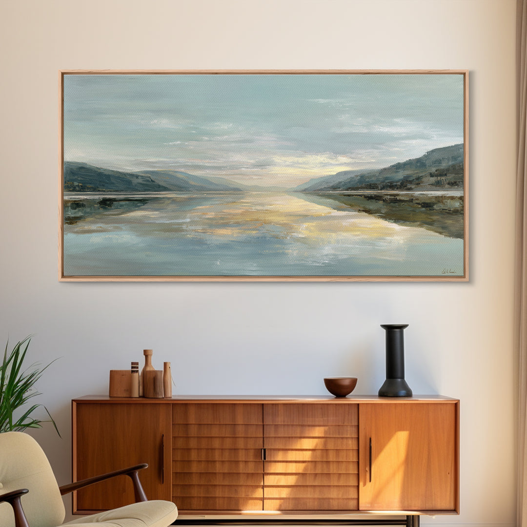 Mountain Lake at Sunrise Framed Canvas Print, Meditation Art, Mandala Wall Art, Living Room Decor, Fine Art, Stillness, MED-2x1-97