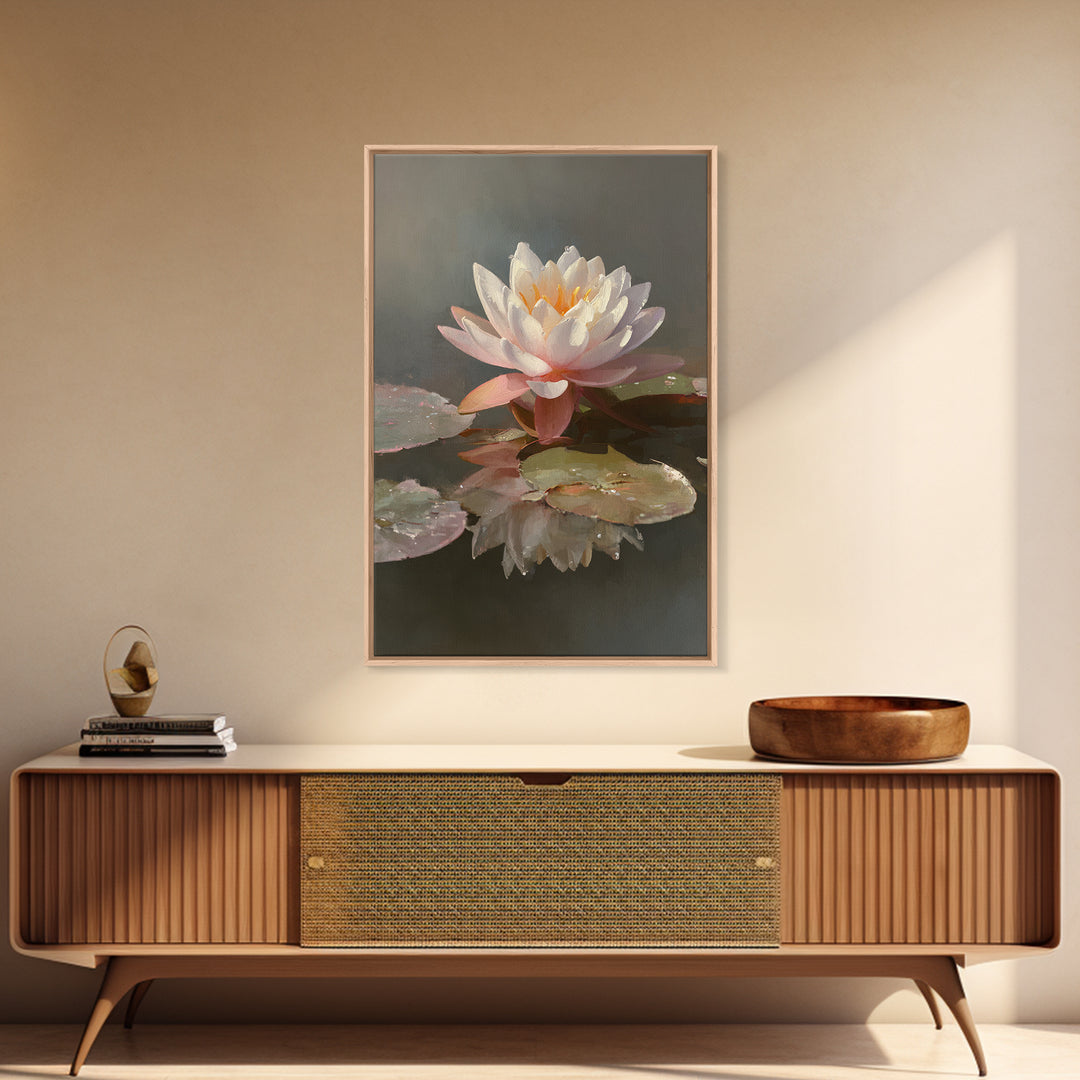 Lotus Flower Glowing Framed Canvas Print, Meditation Art, Gallery Wall Art, Living Room Decor, Stillness, Printable Artwork, MED-2x3-33