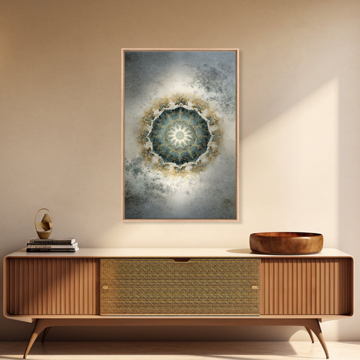 Mandala with Soft Gold and Indigo Symmetry Framed Canvas Print, Meditation Art, Original Art, Living Room Decor, Stillness, MED-2x3-34