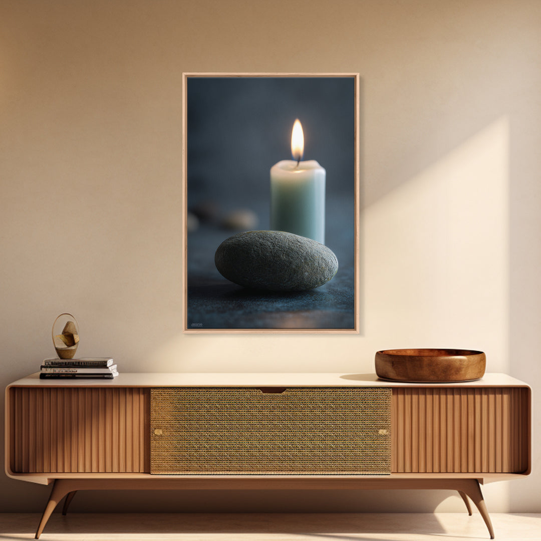 Minimal Candle Flame on Dark Background Framed Canvas Print, Meditation Art, Wall Decor, Living Room Decor, Fine Art, Stillness, MED-2x3-46