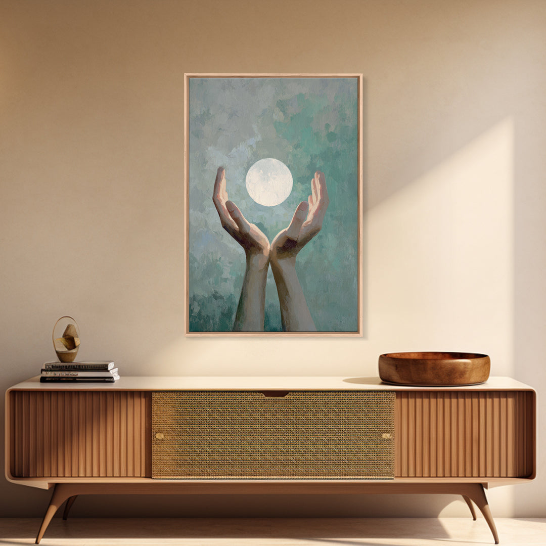 Hands Holding a Tiny Glowing Sun Framed Canvas Print, Meditation Art, Living Room Art, Living Room Decor, Fine Art, Stillness, MED-2x3-68
