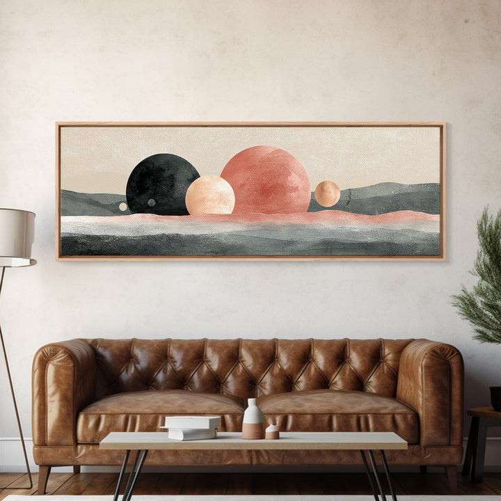 Moon Phases over a Quiet Desert Framed Canvas Print, Meditation Art, Living Room Decor, Watercolor Art, Stillness, MED-3x1-1