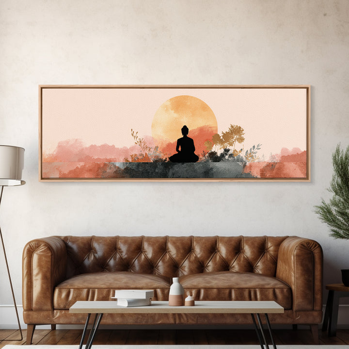 Buddha Silhouette Surrounded by Warm Light Framed Canvas Print, Meditation Art, Art Print, Living Room Decor, Stillness, MED-3x1-23