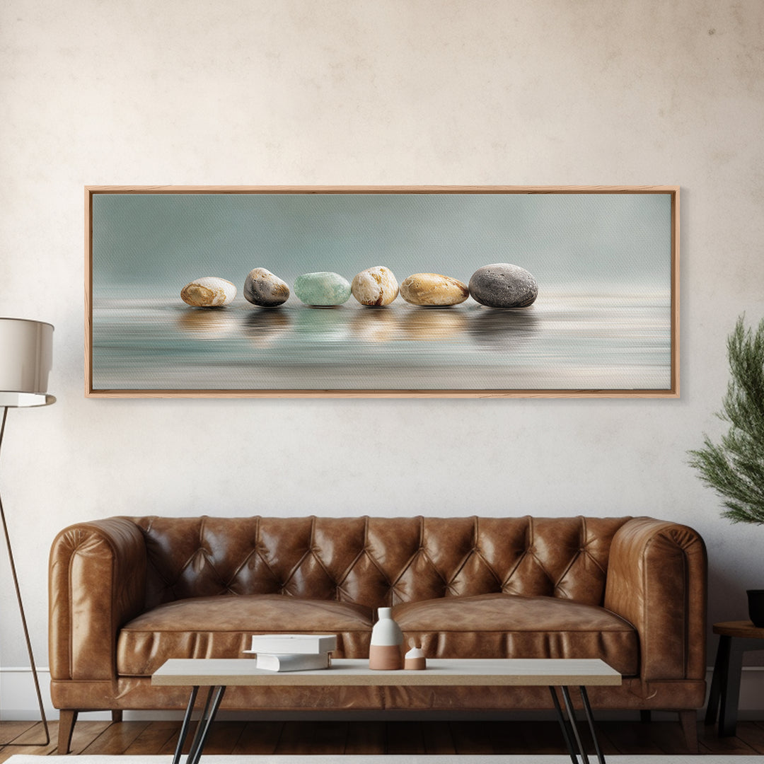 Floating Stones Balanced Above Calm Water Canvas Print, Meditation Art, Printable Artwork, Living Room Decor, Stillness, MED-3x1-24