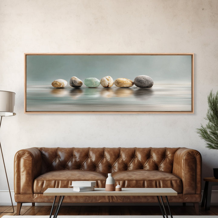 Floating Stones Balanced Above Calm Water Canvas Print, Meditation Art, Printable Artwork, Living Room Decor, Stillness, MED-3x1-24