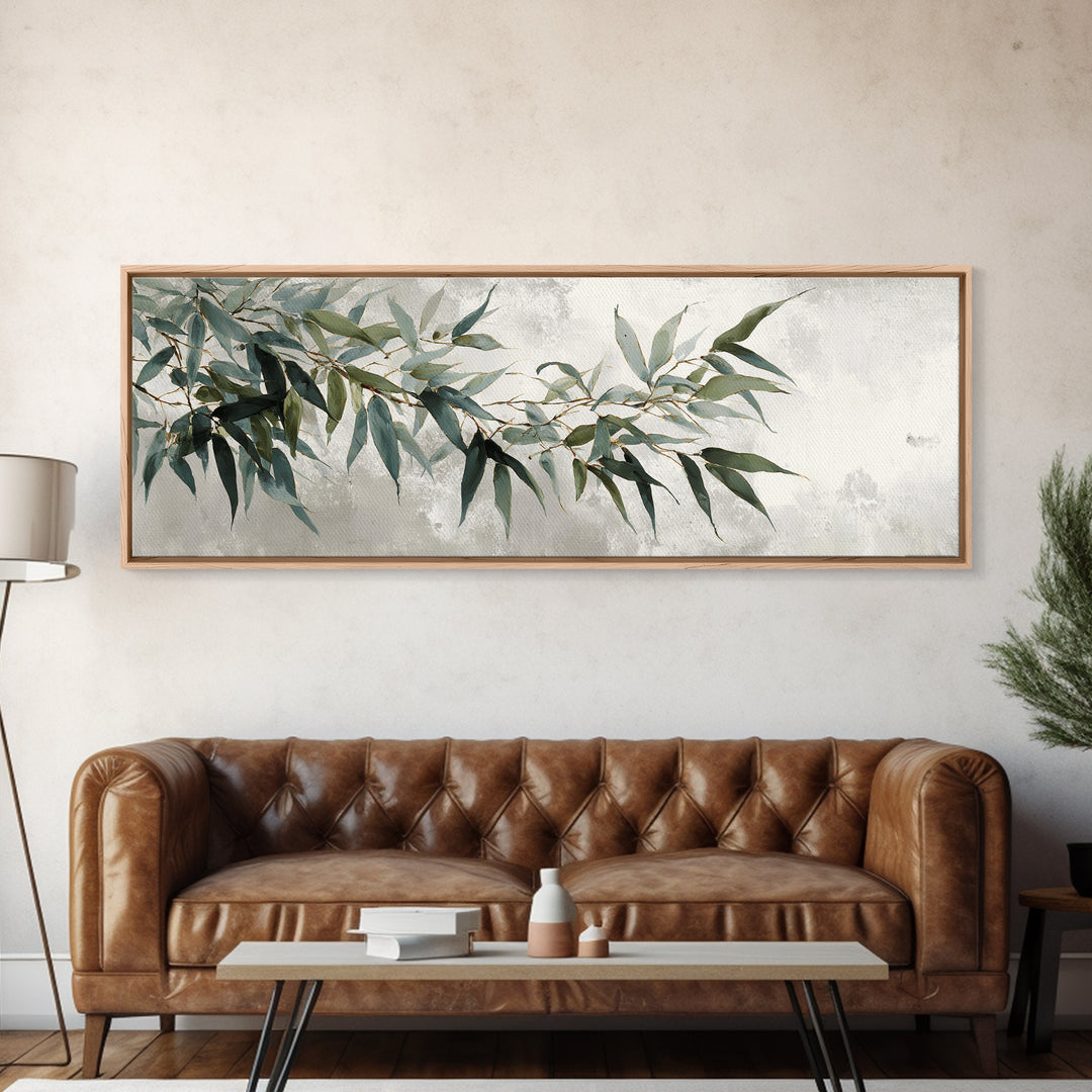 Bamboo Leaves in Gentle Ink Wash Framed Canvas Print, Meditation Art, Room Decor, Living Room Decor, Fine Art, Stillness, MED-3x1-27