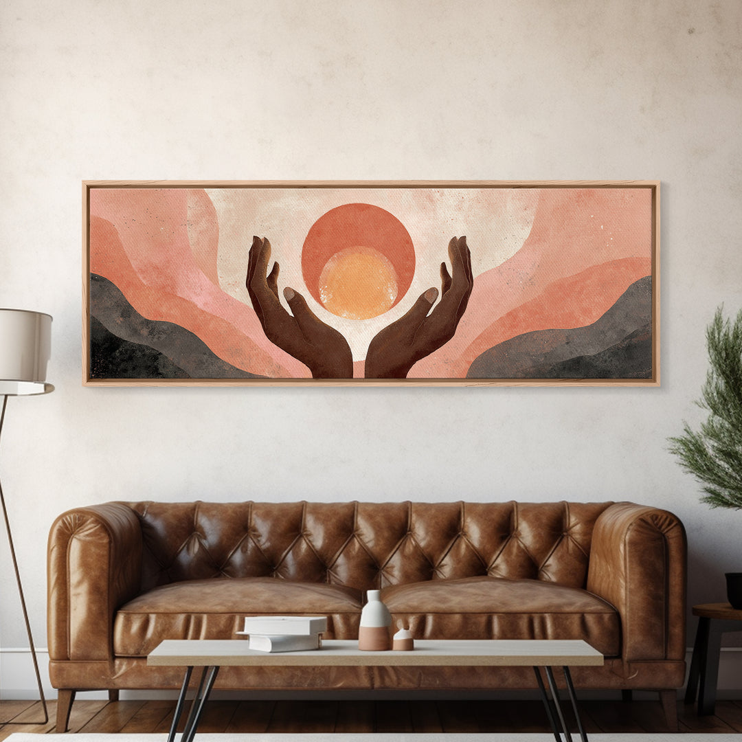 Hands Holding a Tiny Glowing Sun Canvas Print, Meditation Art, Spiritual Wall Art, Living Room Decor, Watercolor Art, Stillness, MED-3x1-4