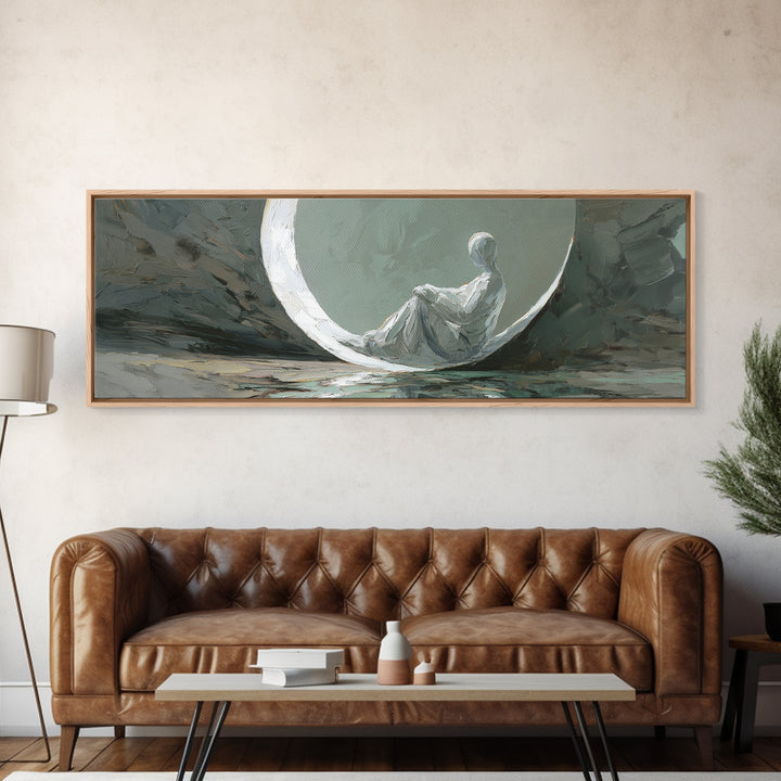 Single Seated Figure Beneath a Crescent Moon Canvas Print, Meditation Art, Abstract Art, Living Room Decor, Fine Art, Stillness, MED-3x1-43