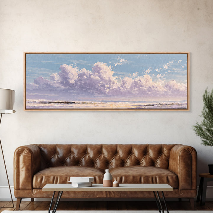 Gentle Cloudscape in Lavender and Cream Framed Canvas Print, Meditation Art, Art Deco, Living Room Decor, Fine Art, Stillness, MED-3x1-59