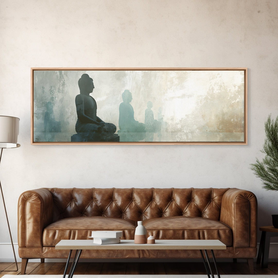 Buddha Silhouette Surrounded by Warm Light Canvas Print, Meditation Art, Boho Wall Decor, Living Room Decor, Stillness, MED-3x1-71