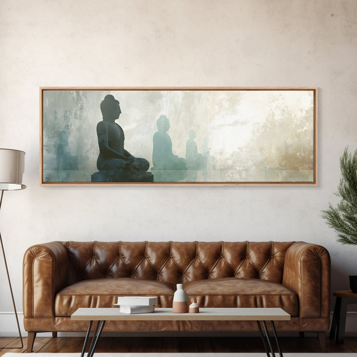 Buddha Silhouette Surrounded by Warm Light Canvas Print, Meditation Art, Boho Wall Decor, Living Room Decor, Stillness, MED-3x1-71