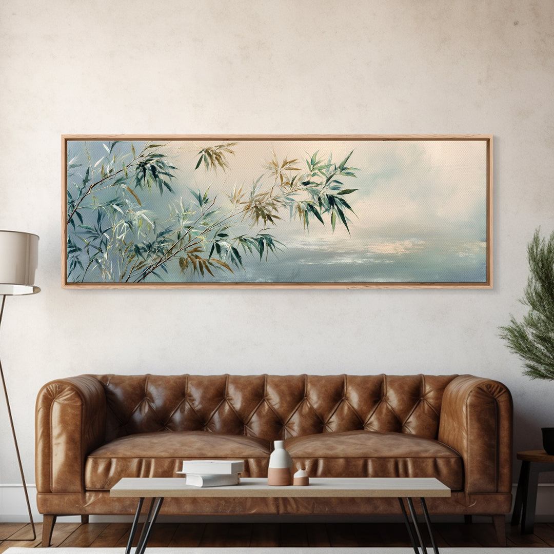 Bamboo Leaves in Gentle Ink Wash Canvas Print, Meditation Art, Floral Wall Art, Living Room Decor, Fine Art, Stillness, MED-3x1-75