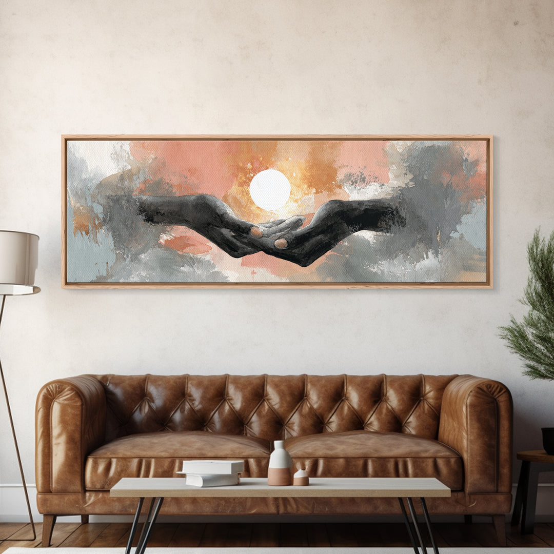 Hands Holding a Tiny Glowing Sun Canvas Print, Meditation Art, Digital Wall Art, Living Room Decor, Fine Art, Stillness, MED-3x1-76