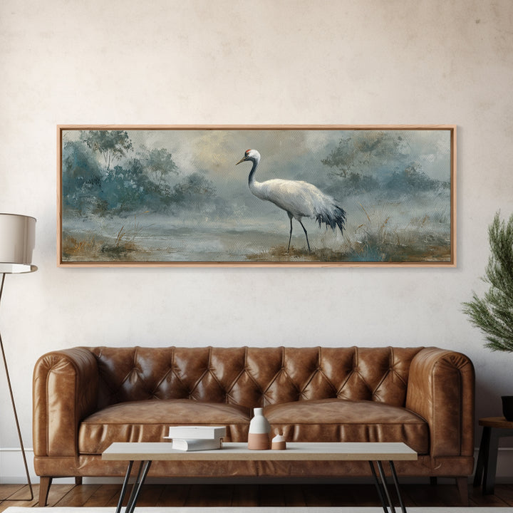 White Crane in Quiet Morning Mist Canvas Print, Meditation Art, Buddha Wall Art, Living Room Decor, Fine Art, Stillness, MED-3x1-8
