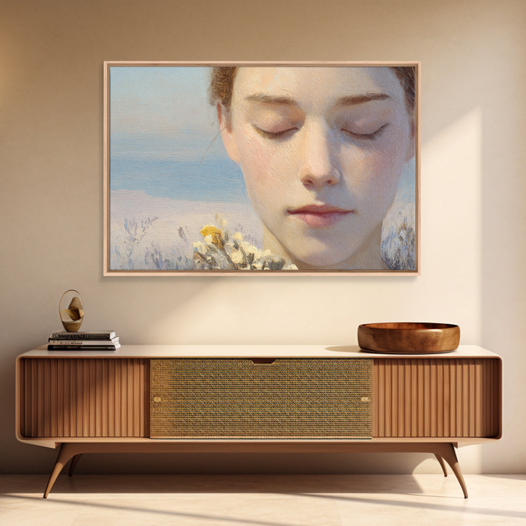 Calm Face Portrait Framed Canvas Print, Meditation Art, Contemporary Art, Living Room Decor, Fine Art, Stillness, Modern Decor, MED-3x2-28