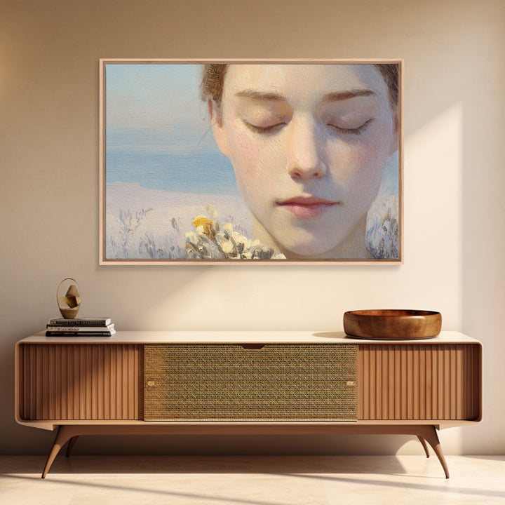 Calm Face Portrait Framed Canvas Print, Meditation Art, Contemporary Art, Living Room Decor, Fine Art, Stillness, Modern Decor, MED-3x2-28