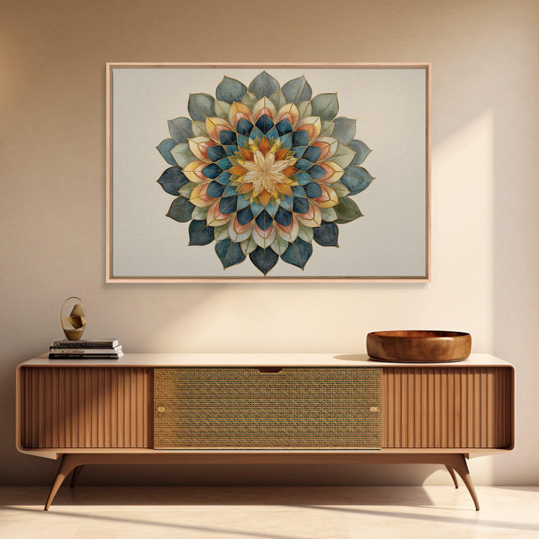 Mandala with Soft Gold and Indigo Symmetry Canvas Print, Meditation Art, Zen Wall Art, Living Room Decor, Fine Art, Stillness, MED-3x2-30