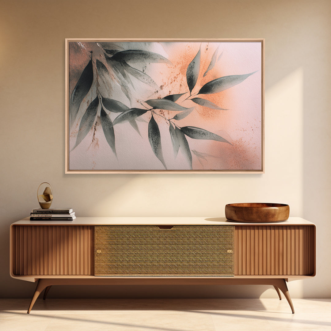 Bamboo Leaves in Gentle Ink Wash Framed Canvas Print, Meditation Art, Minimalist Decor, Living Room Decor, Fine Art, Stillness, MED-3x2-39