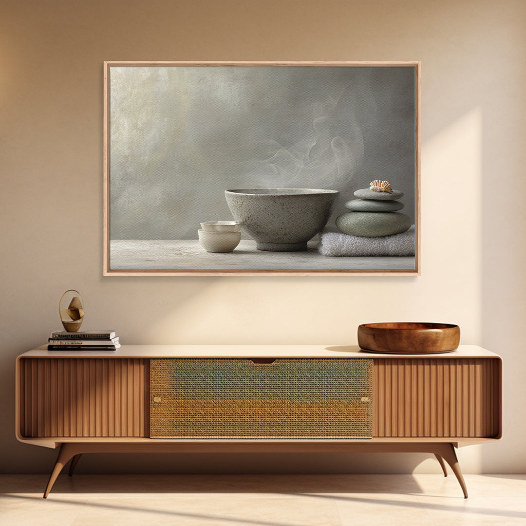 Tea Bowl and Steam Canvas Print, Meditation Art, Neutral Decor, Living Room Decor, Fine Art, Stillness, Home Decor, Wall Decor, MED-3x2-49