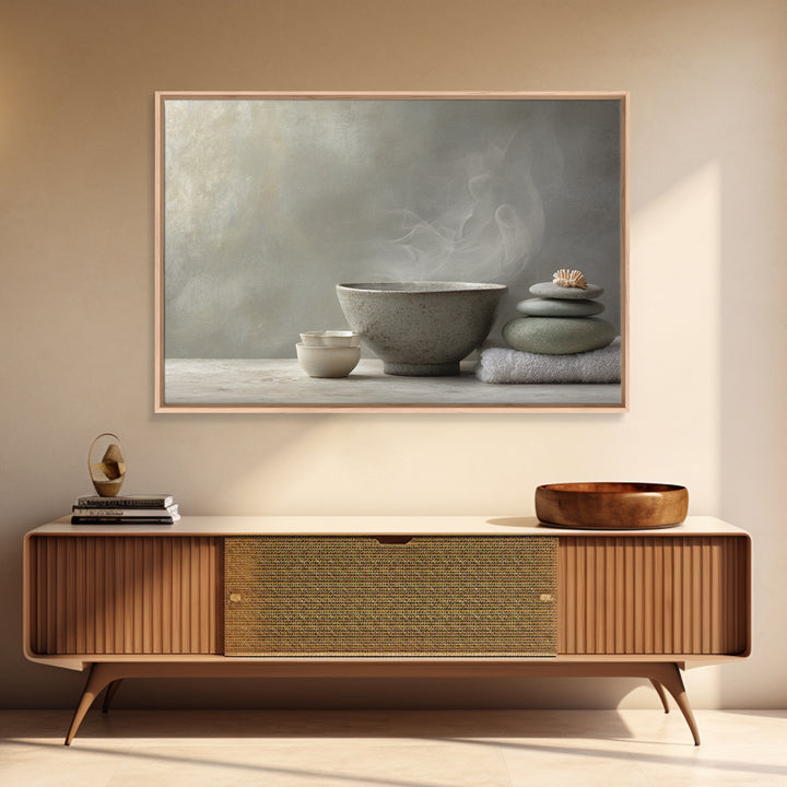 Tea Bowl and Steam Canvas Print, Meditation Art, Neutral Decor, Living Room Decor, Fine Art, Stillness, Home Decor, Wall Decor, MED-3x2-49