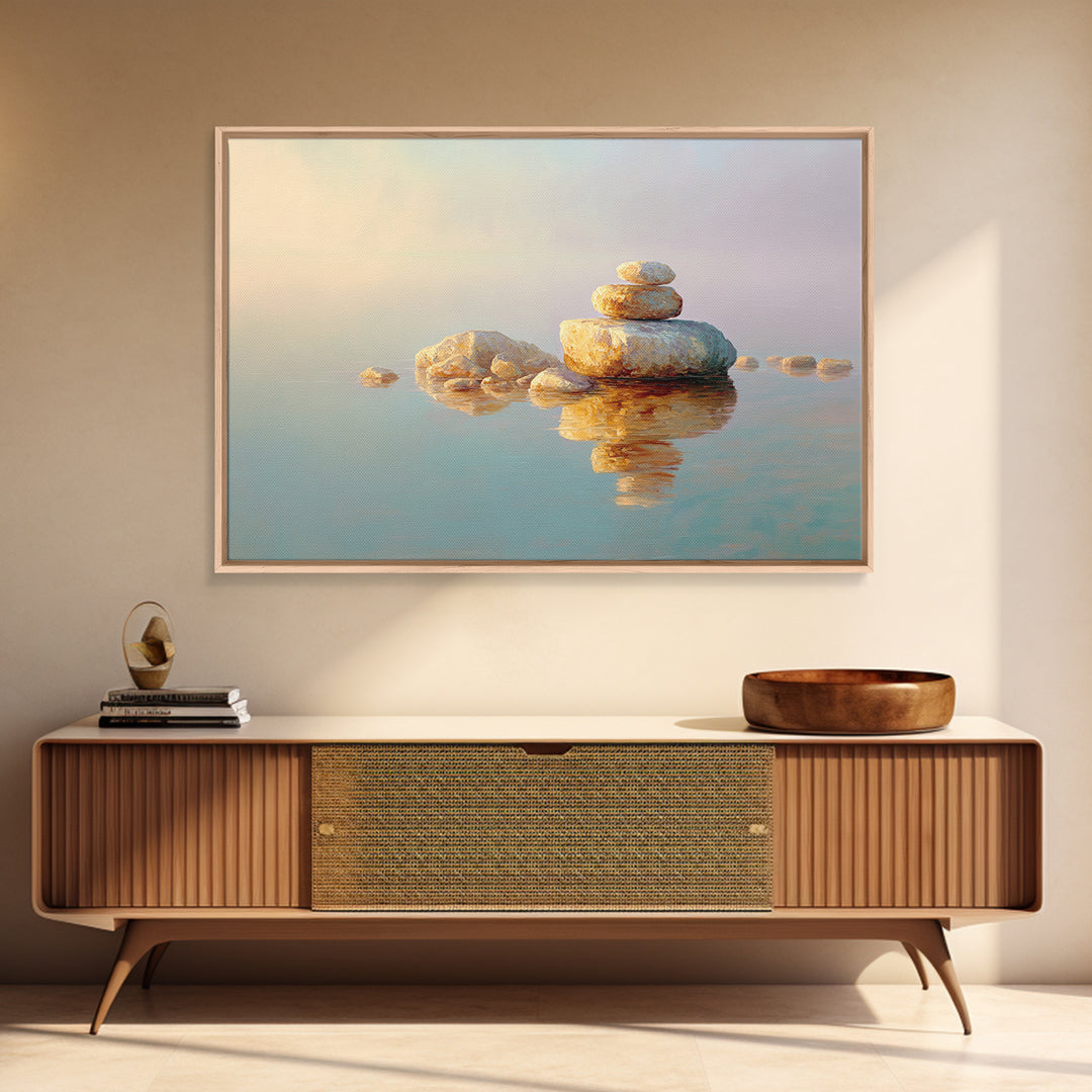 Floating Stones Balanced Above Calm Water Framed Canvas Print, Meditation Art, Room Decor, Living Room Decor, Stillness, MED-3x2-60