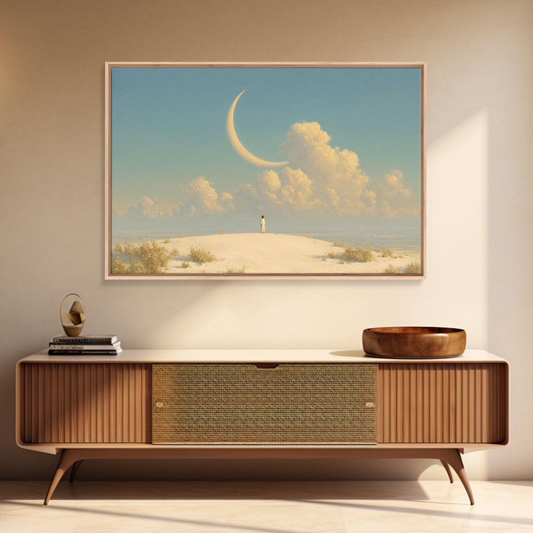 Single Seated Figure Beneath a Crescent Moon Canvas Print, Meditation Art, Modern Wall Art, Living Room Decor, Stillness, MED-3x2-7
