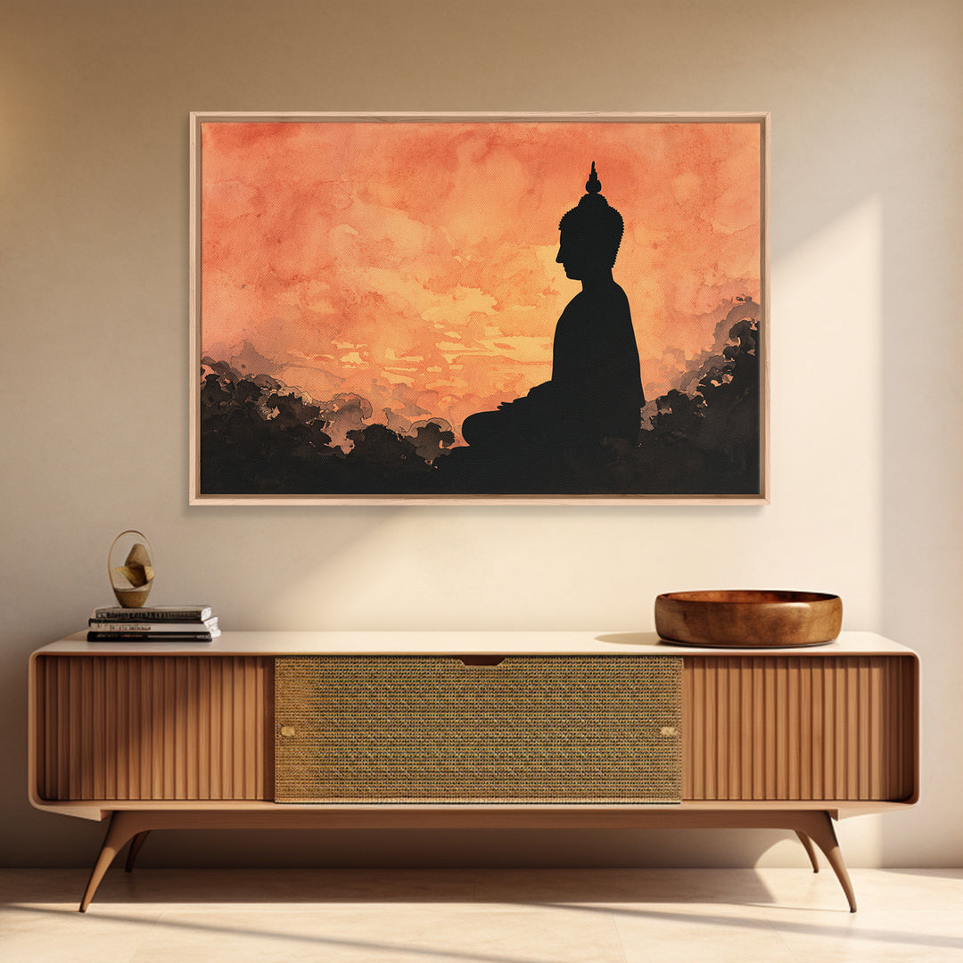 Buddha Silhouette Surrounded by Warm Light Canvas Print, Meditation Art, Boho Wall Decor, Living Room Decor, Stillness, MED-3x2-83