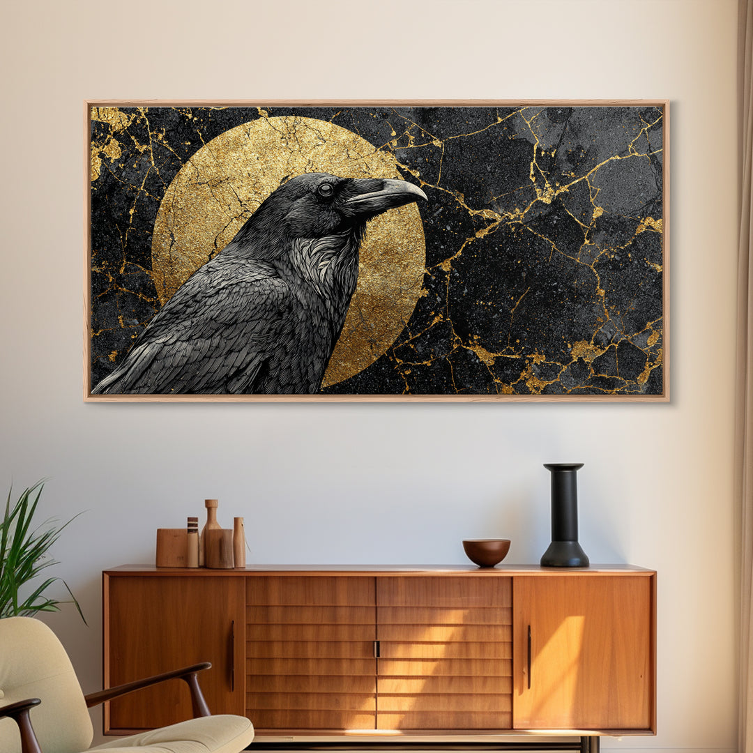 Raven Gold Canvas Print, Dark Bird Art With Lunar Circle Design, Real Wood Frame Wall Décor, Mystical Gothic Nature Artwork