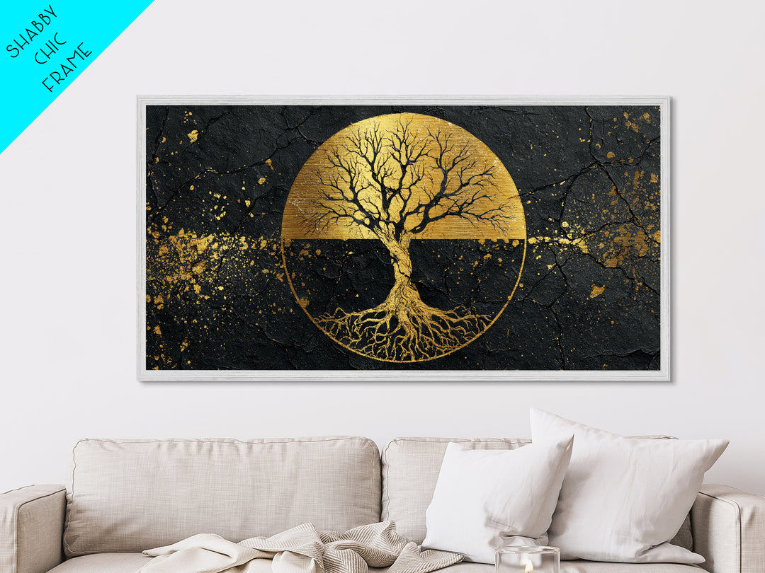 Mystical Roots Tree Metallic Gold Art, Sacred Nature Symbol Metal Print, Real Wood Frame Wall Décor, Spiritual Mythical Decorative Artwork