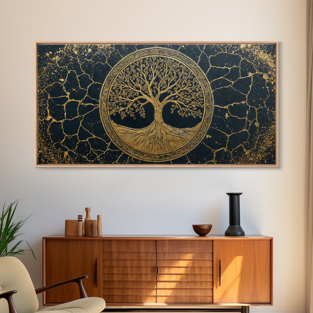 Tree Of Life Circle Gold Canvas Print, Sacred Geometry Wall Art, Norse Yggdrasil Artwork, Real Wood Frame Decor