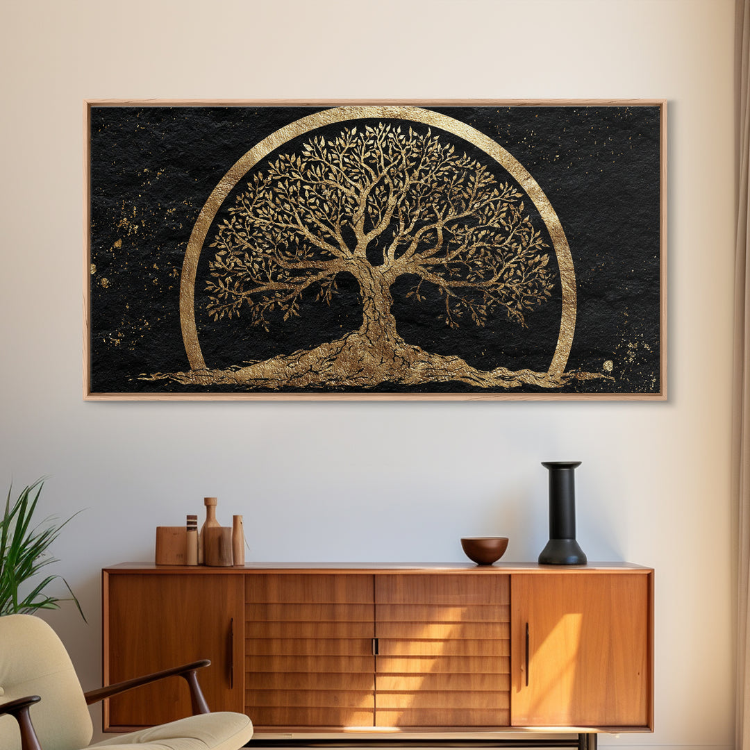 Celtic Tree Of Life Gold Canvas Print, Spiritual Nature Wall Art, Ancient Symbol Artwork, Real Wood Frame Decor