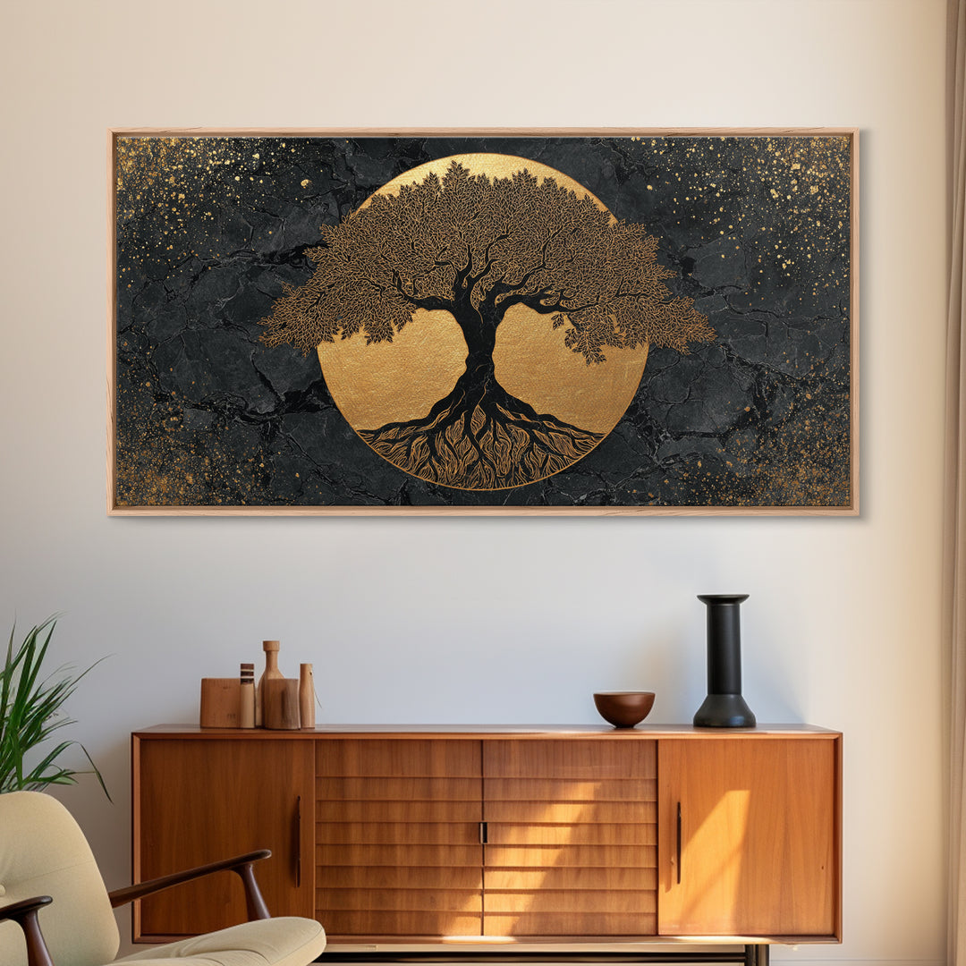 Elegant Tree Of Life Gold Canvas Print, Modern Sacred Geometry Wall Art, Mystical Symbol Artwork, Real Wood Frame Decor