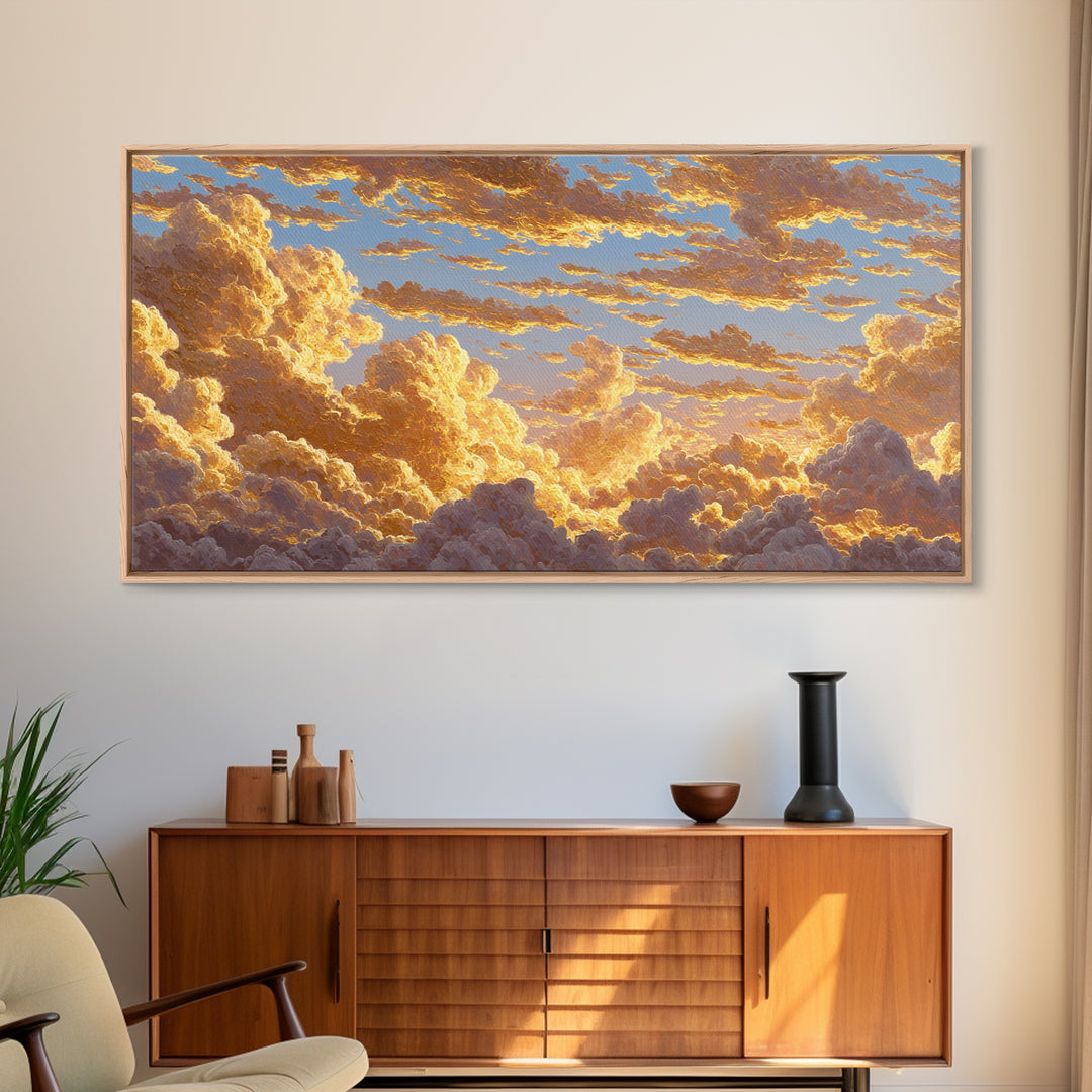 Golden Clouds Gold Canvas Art, Sky And Light Filled Cloudscape Canvas Print, Real Wood Frame Wall Décor, Dreamy Atmospheric Artwork